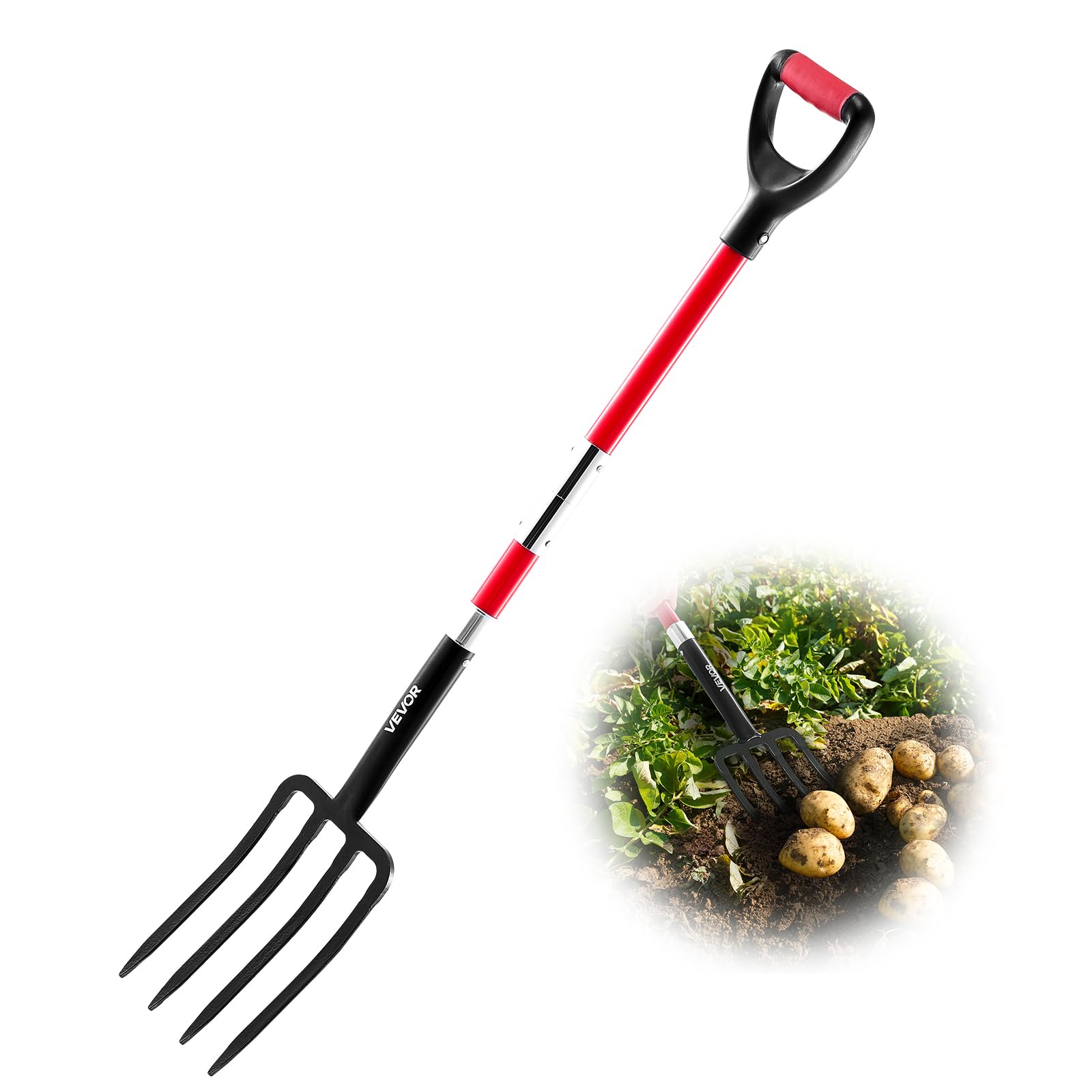 VEVOR garden fork 4-tine head shows durable digging for heavy soils