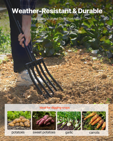 VEVOR 41-inch digging fork showing secure connection for wobble-free operation