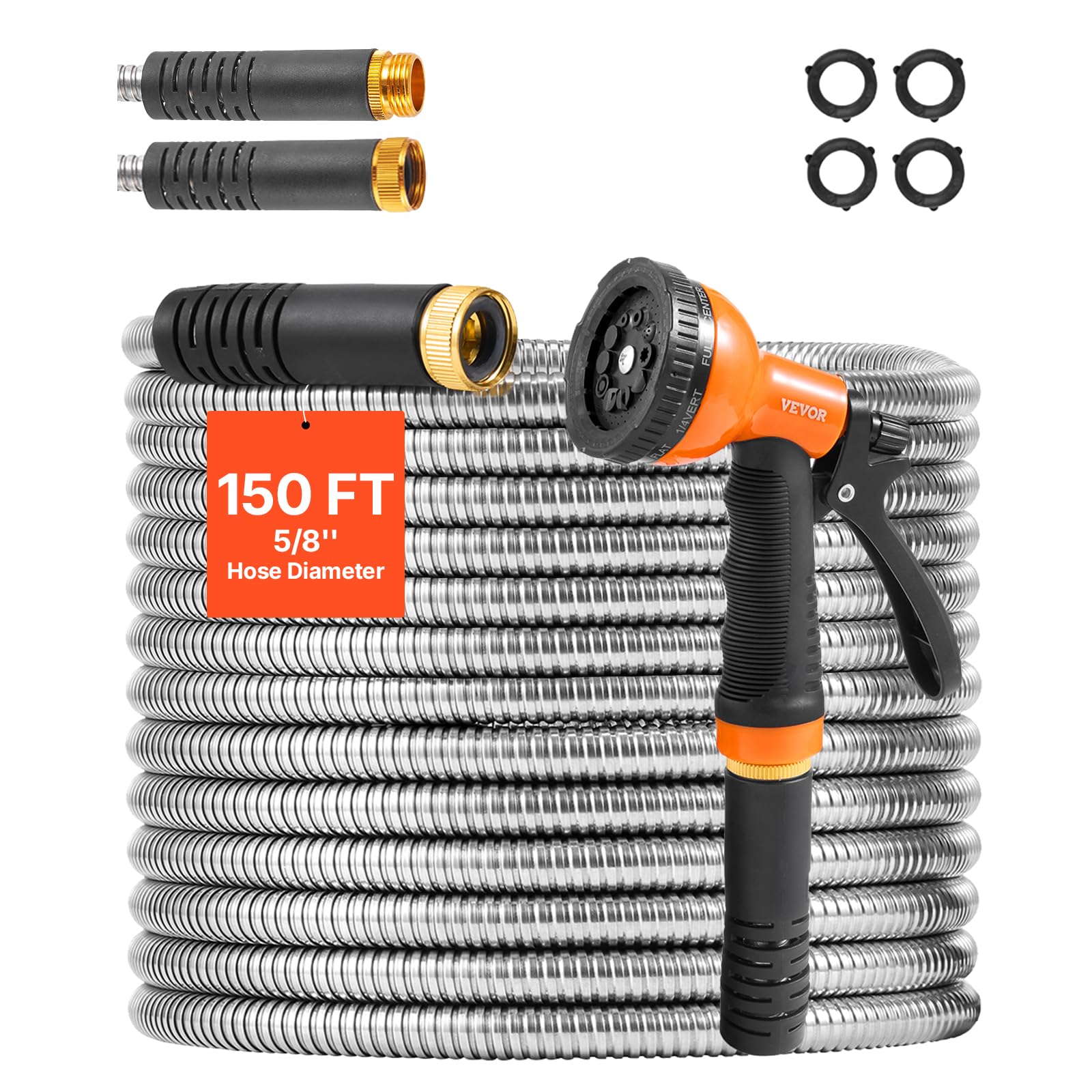VEVOR garden hose metal 150ft unrolling for easy setup and flexible handling.