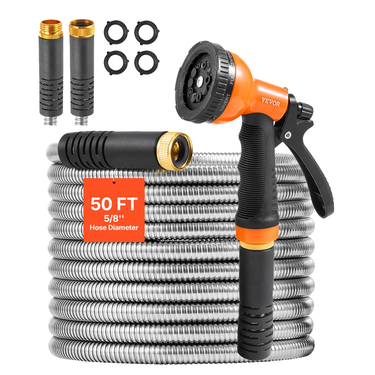 VEVOR garden hose metal 50ft rolled for easy storage and quick setup.