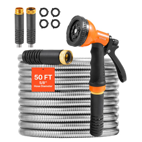 VEVOR garden hose metal 50ft rolled for easy storage and quick setup.