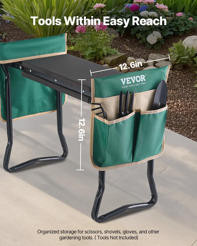 VEVOR kneeler in use for planting and weeding in garden beds.
