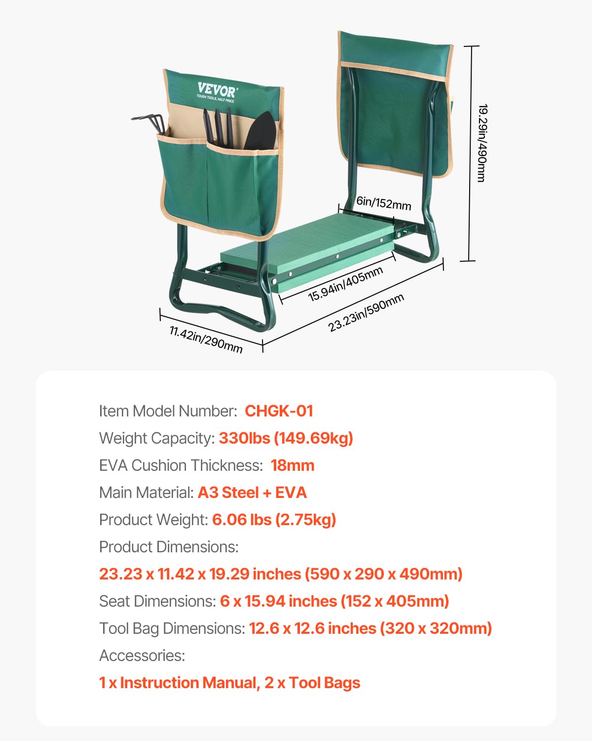 VEVOR Garden Kneeler ergonomic-design assists standing with less effort.