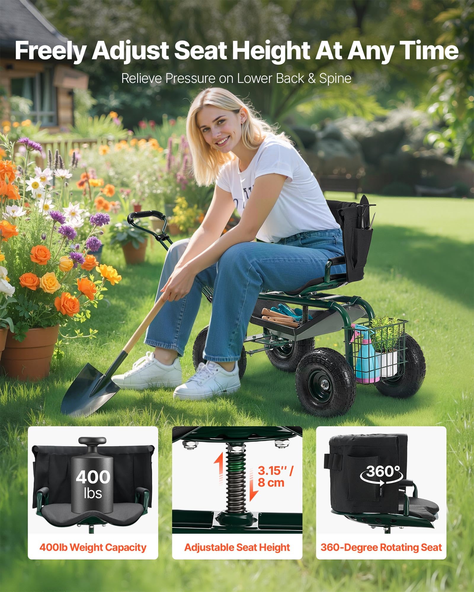 VEVOR garden seat with wheels featuring 360° rotating seat for easy reach