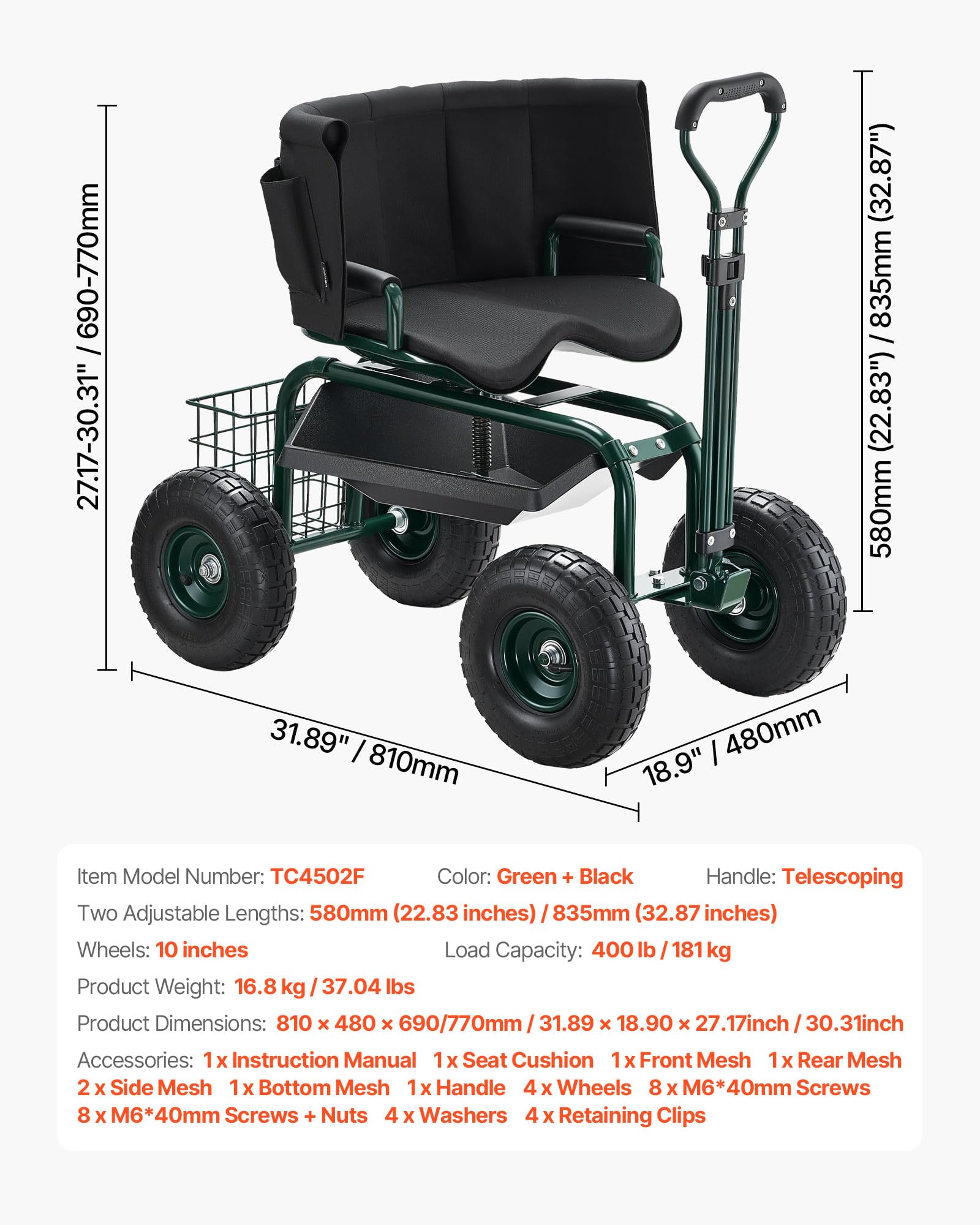 VEVOR adjustable handle from 22.83" to 32.87" for comfort