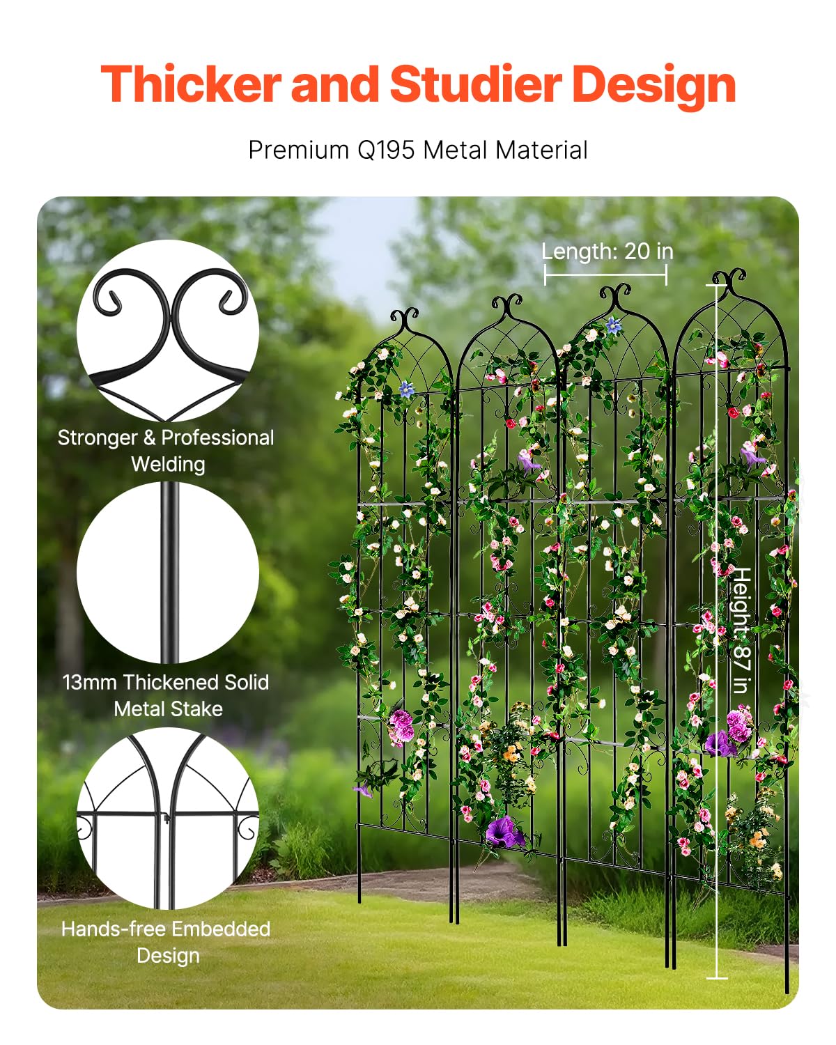 VEVOR garden trellis rose support offers elegant, rustproof framing for vibrant blooms.