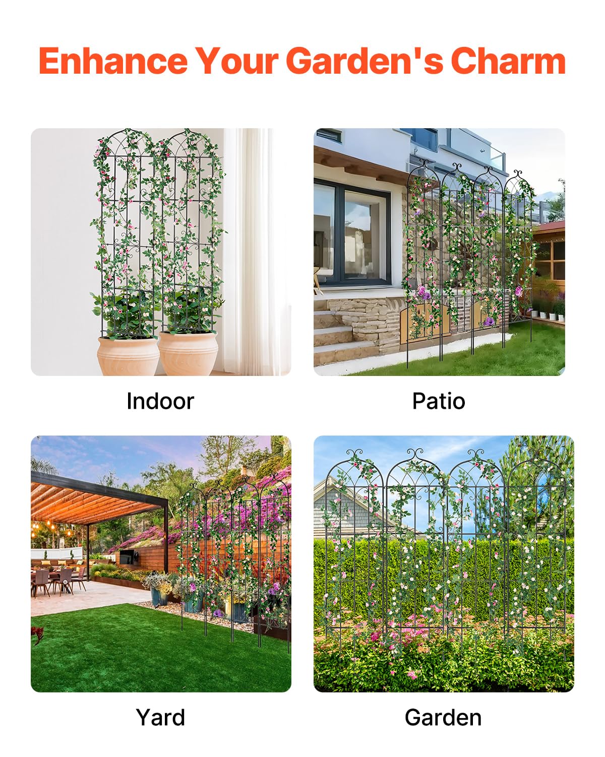 VEVOR garden trellis rustproof-coating protects outdoor display from corrosion.