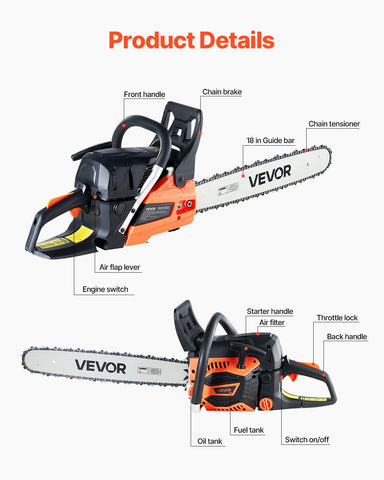 VEVOR gas chainsaw 18-inch bar cuts wood smoothly in outdoor settings