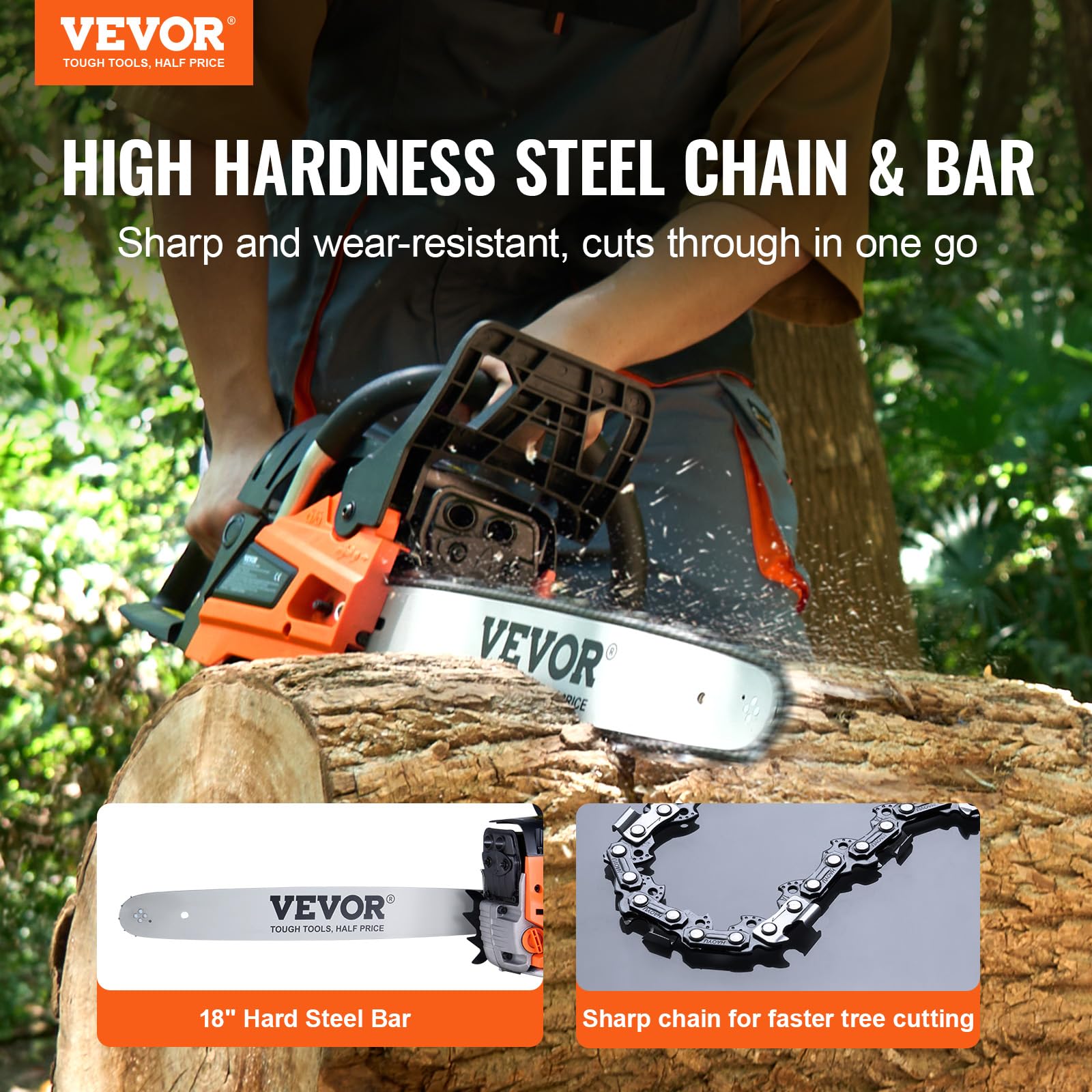 VEVOR gas chainsaw 52cc engine power and speed for efficient cutting