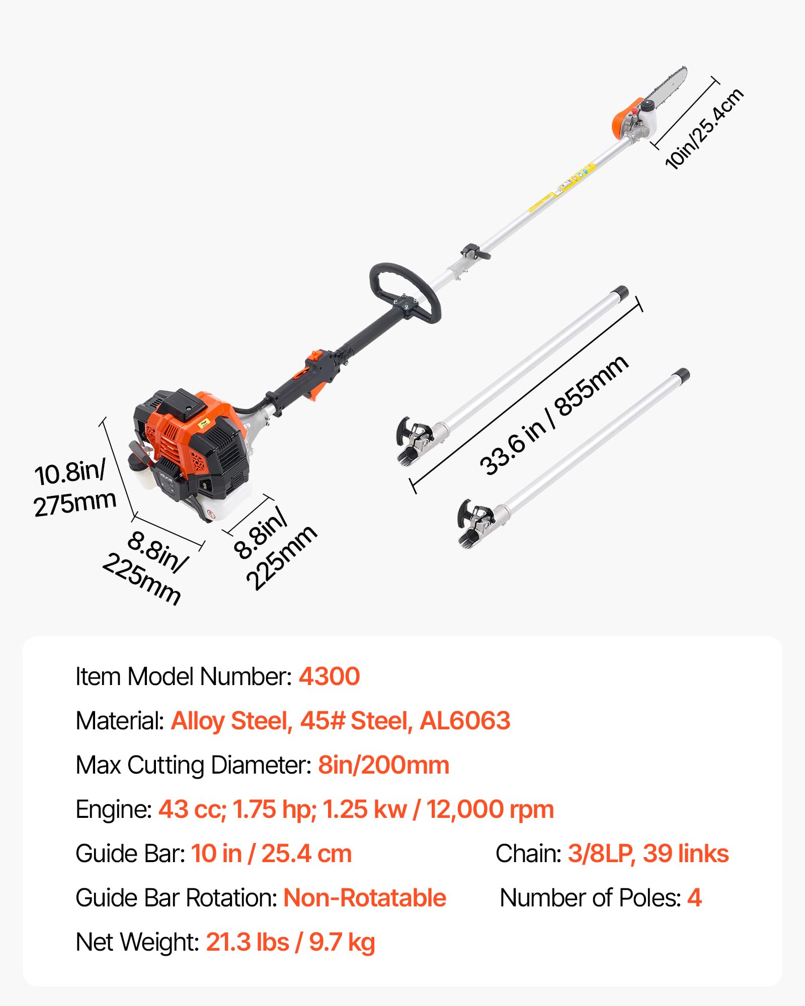 VEVOR gas pole saw 3/8 LP chain and 12in guide bar for clean cuts up to 8 in.