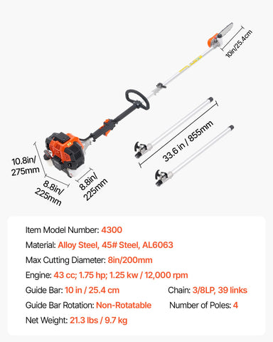 VEVOR gas pole saw 3/8 LP chain and 12in guide bar for clean cuts up to 8 in.