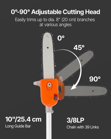 VEVOR gas pole saw extendable reach from 7.1 to 12 ft for tall branches.