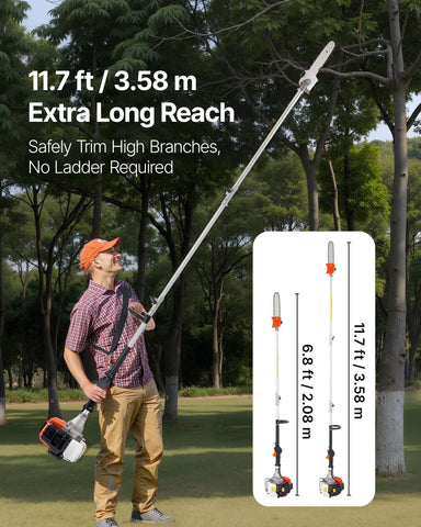 Extendable rods attached to extend reach on the VEVOR pole saw.