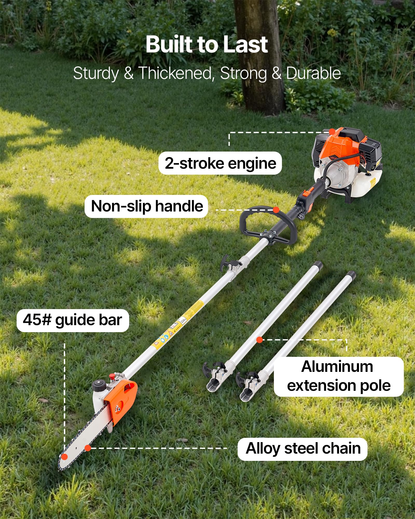 VEVOR gas pole saw dual extension rods of 33.7 in extend reach and flexibility.