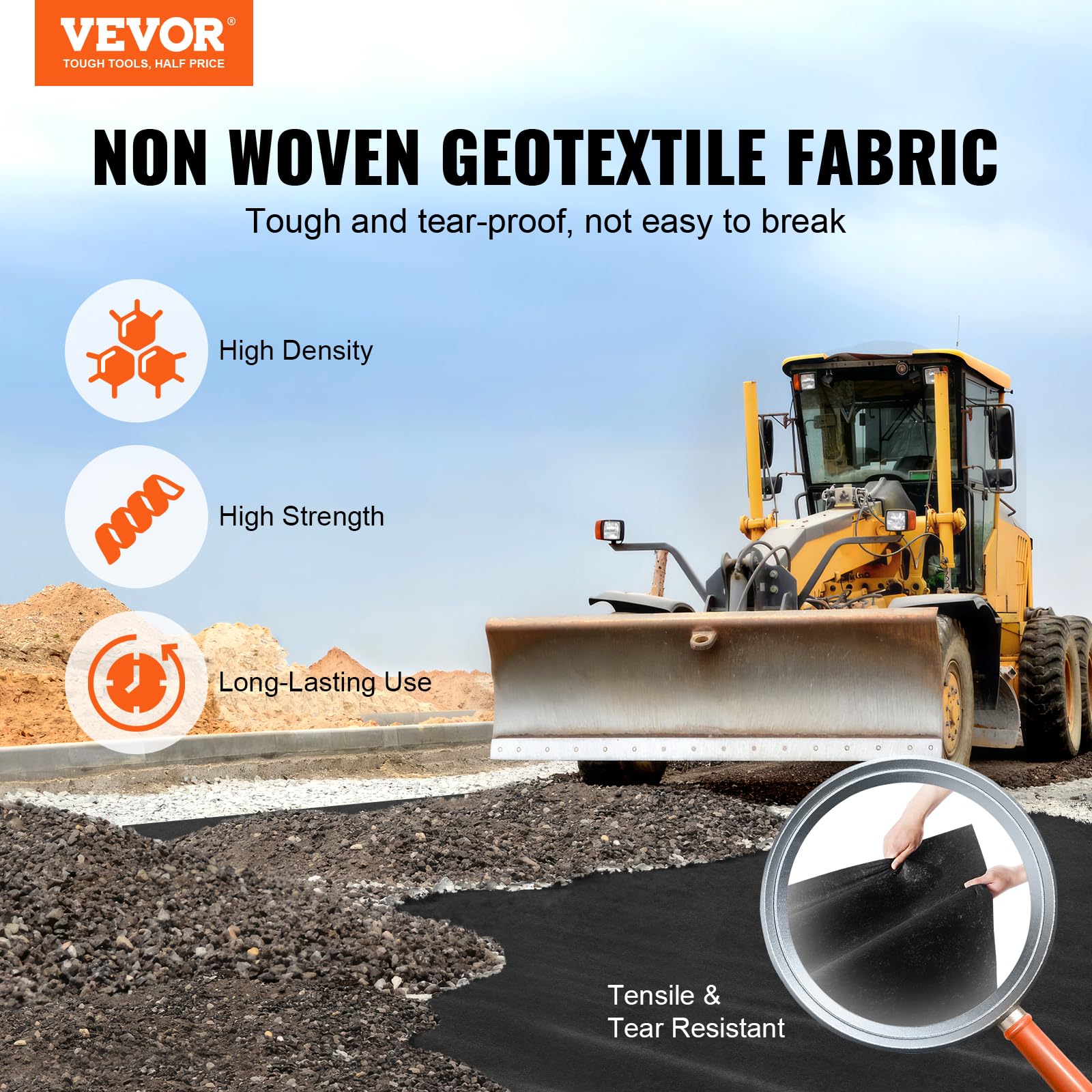 VEVOR weed barrier close-up demonstrates 8 oz non-woven material for erosion control.