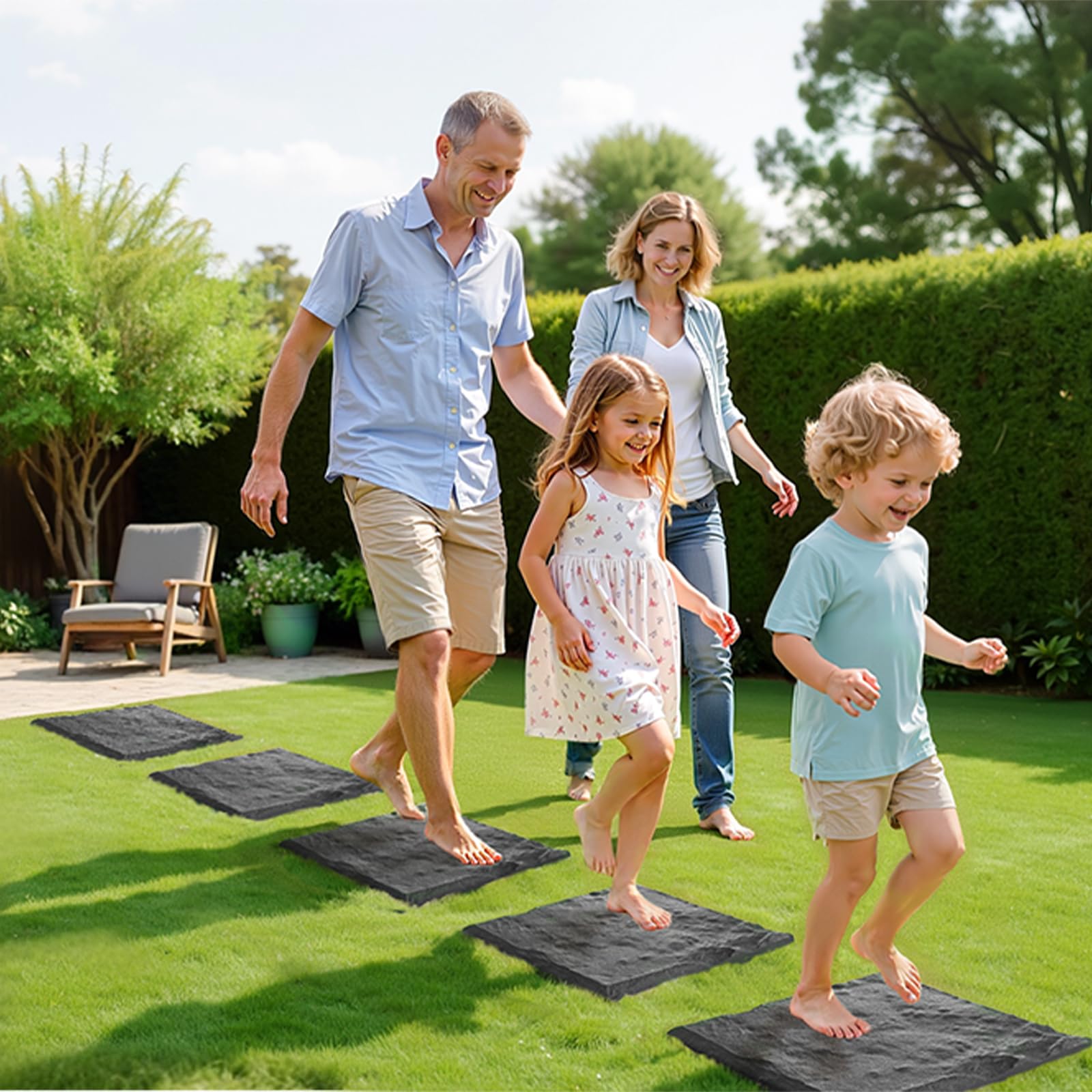 Bright gray decor complements gardens, patios, and poolside areas.
