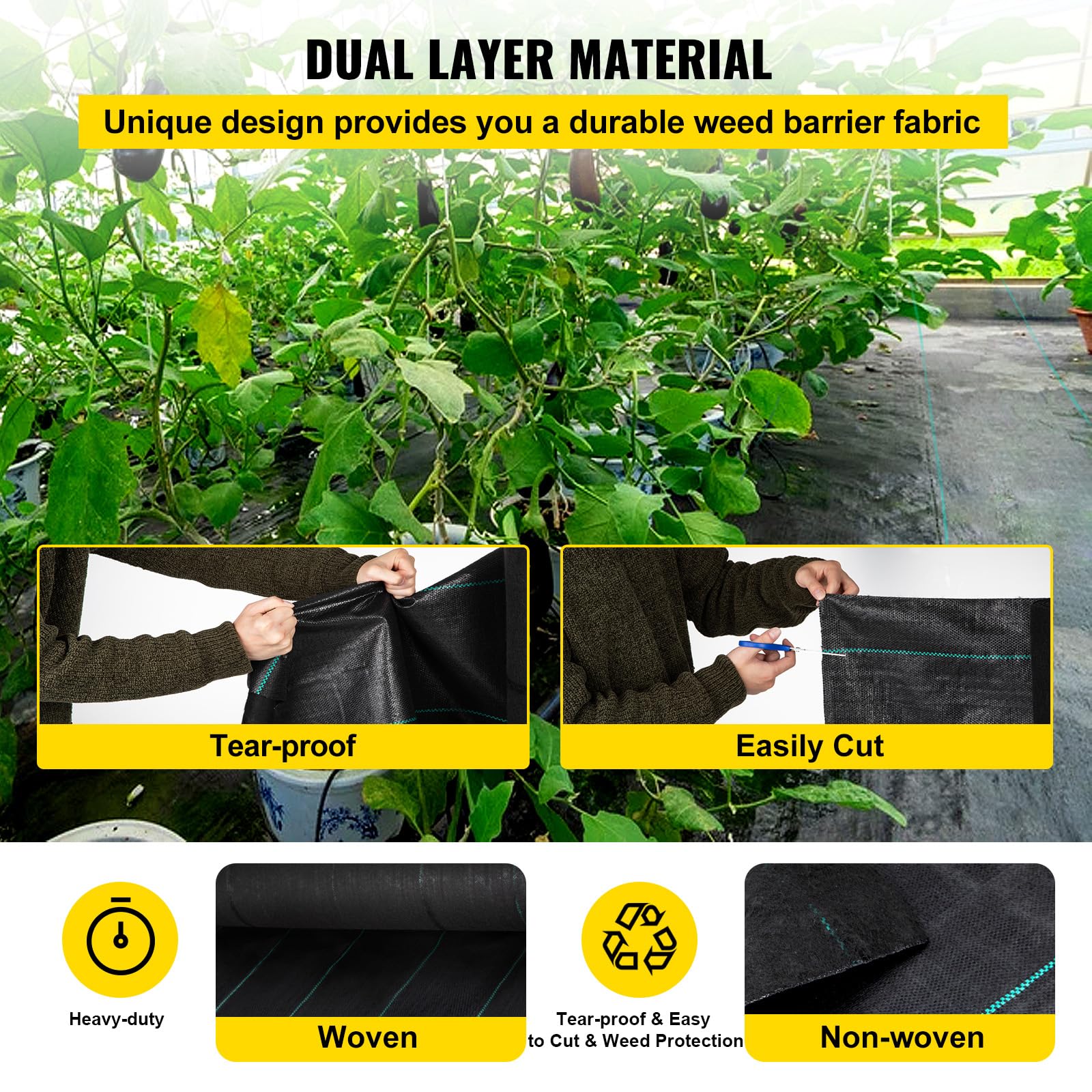 VEVOR weed barrier fabric green stripes aid plant alignment during installation.