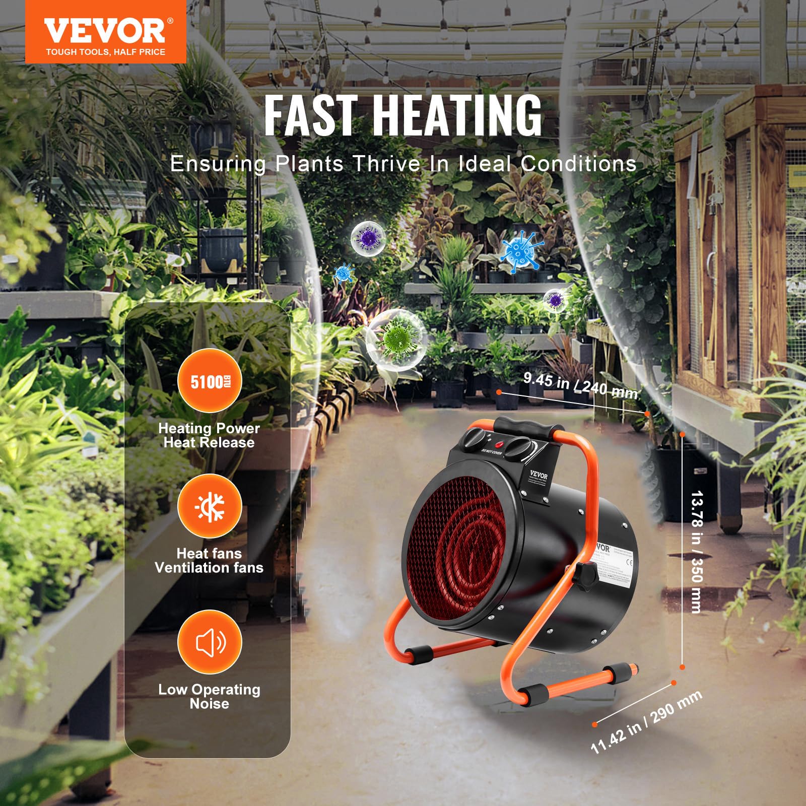 VEVOR Greenhouse Warmer IP24 splash-proof design for humid garden use