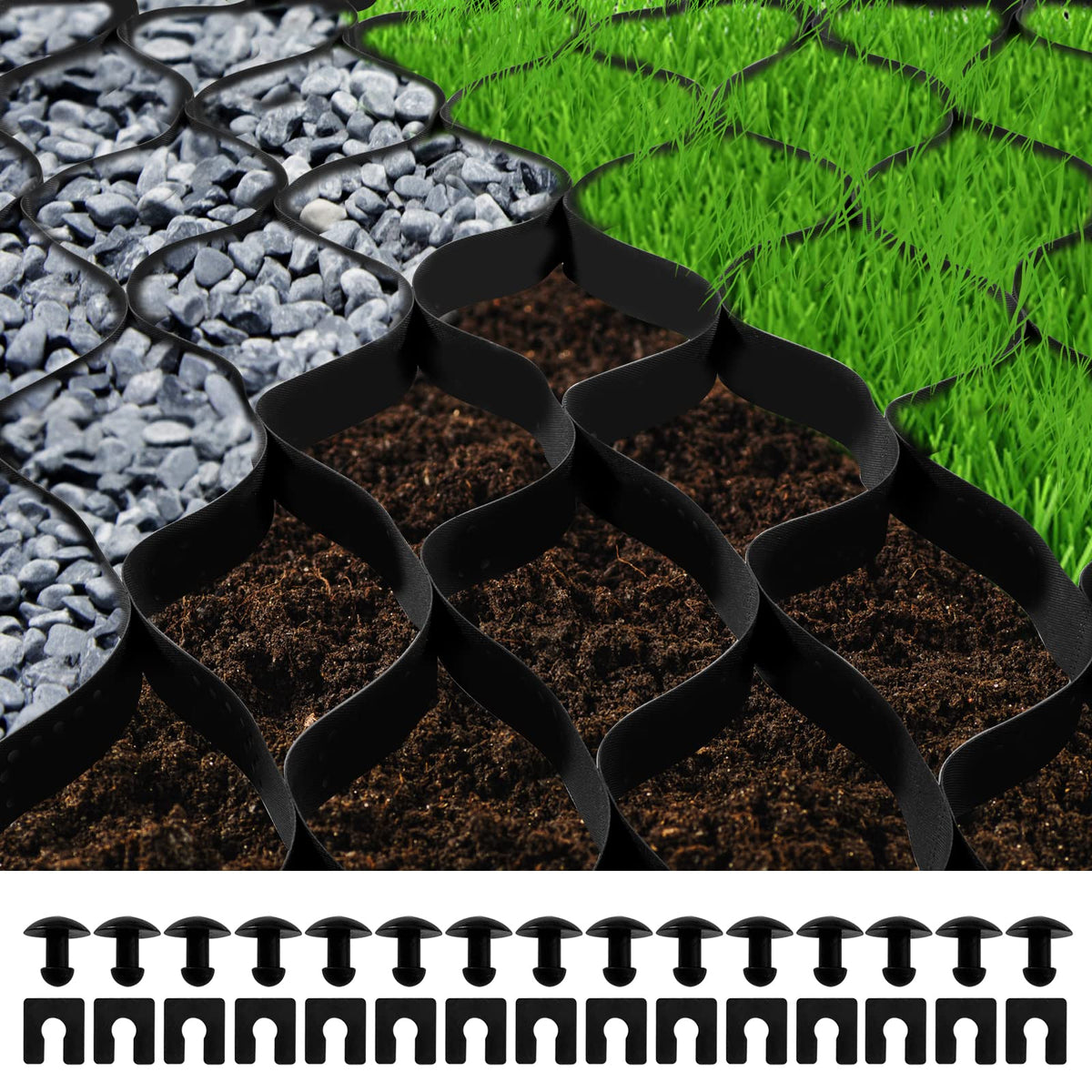 VEVOR Ground Grid rolled out on soil to form a stable patio base.