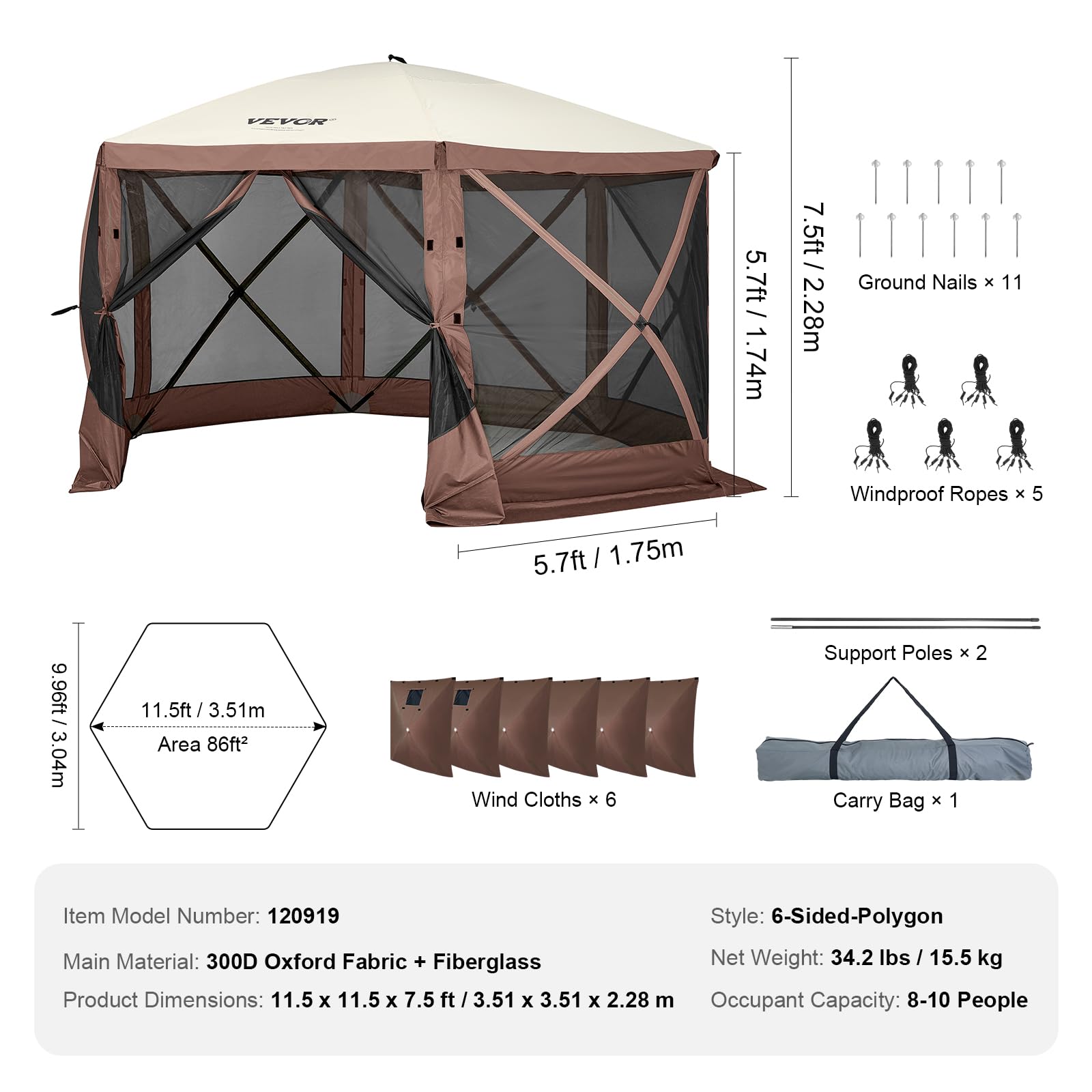 VEVOR ground stakes and ropes anchor the shelter on varied terrain.