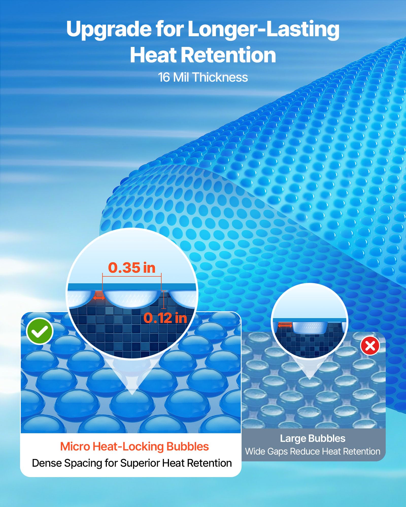 VEVOR heat-retention solar cover keeps pool water warm day and night.