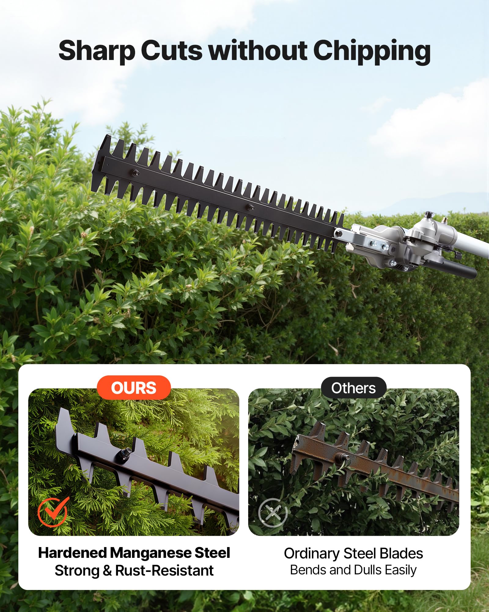 VEVOR hedge trimming blade delivers clean cuts on dense shrubs.