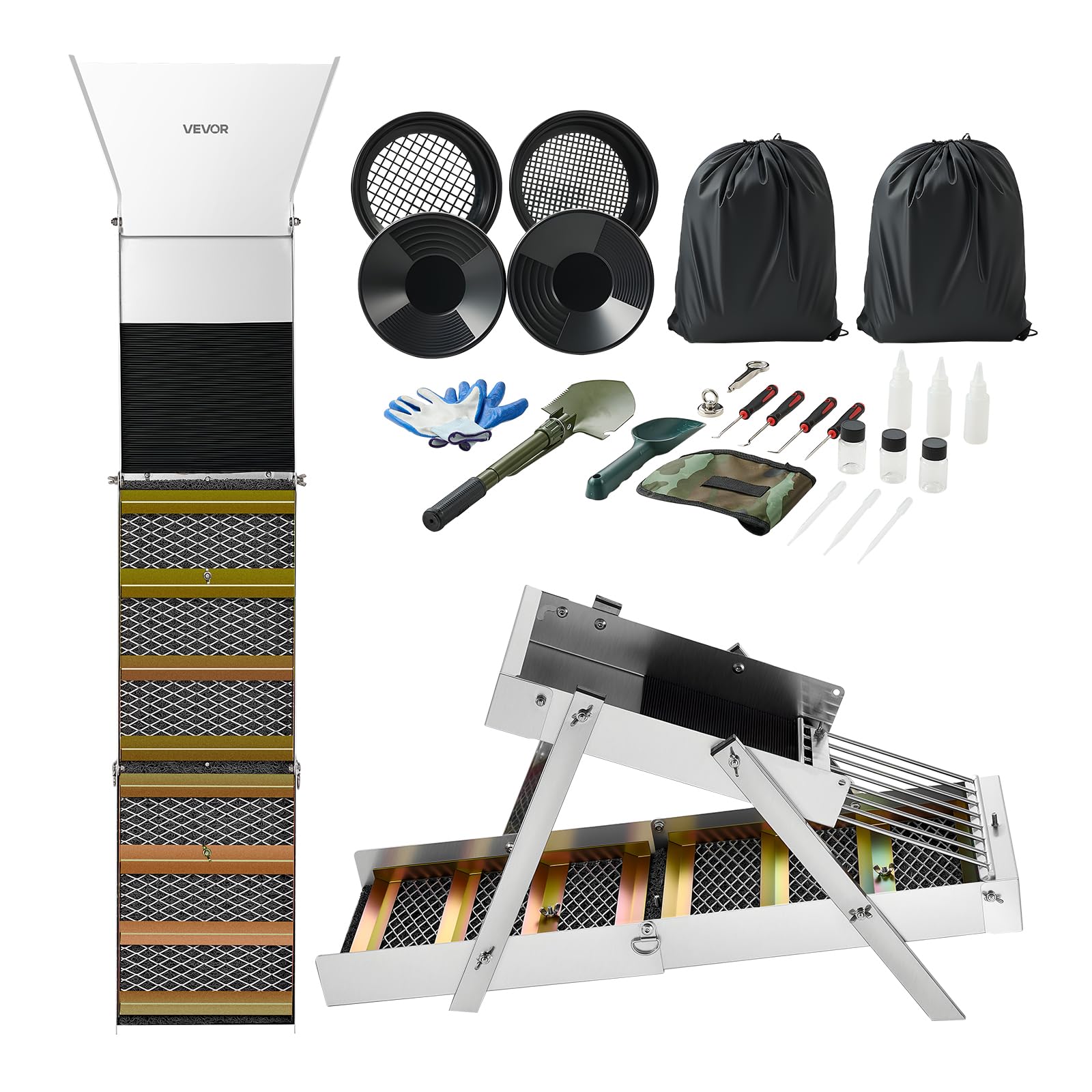 VEVOR Highbanker folded pack shows compact transport for field prospecting.