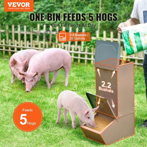 VEVOR hog feeder close-up of rolled-edge design protecting pigs during feeding