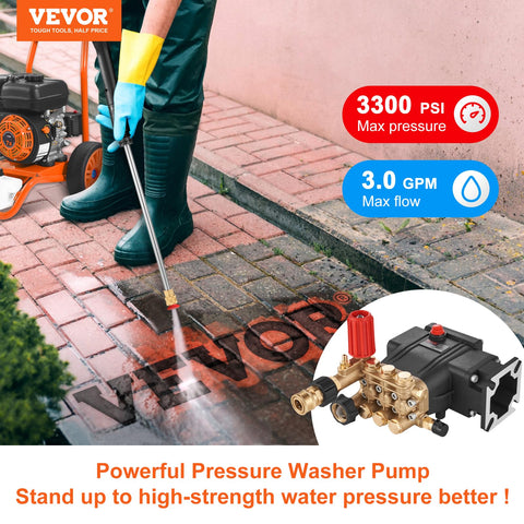 VEVOR horizontal triplex pump side view highlights 3300 PSI capability for tough cleaning.
