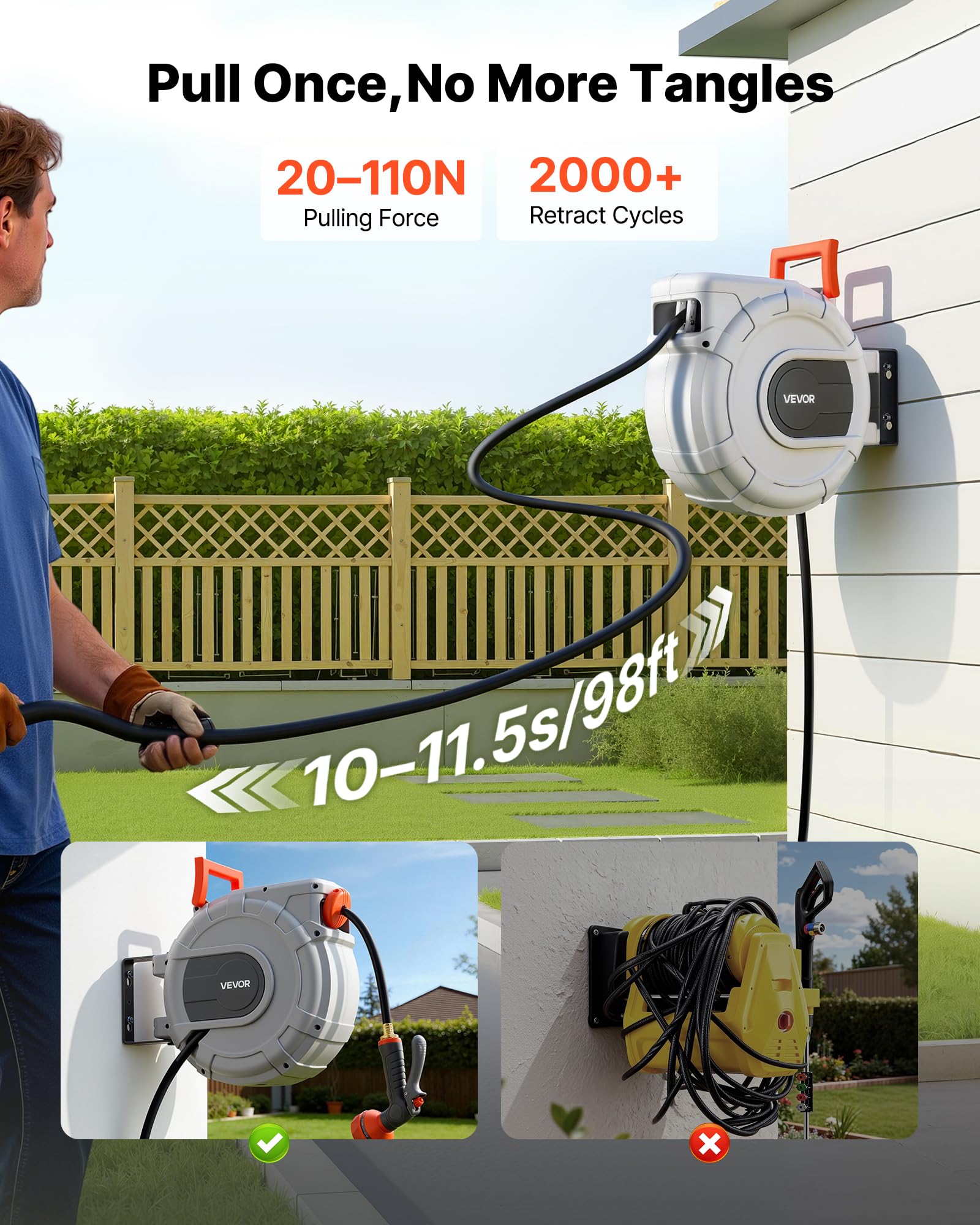 VEVOR hose reel featuring 180° swivel for easy reach.