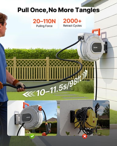 VEVOR hose reel featuring 180° swivel for easy reach.
