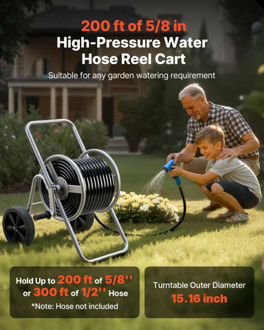 VEVOR hose reel cart demonstrates 300ft capacity for longer watering runs.
