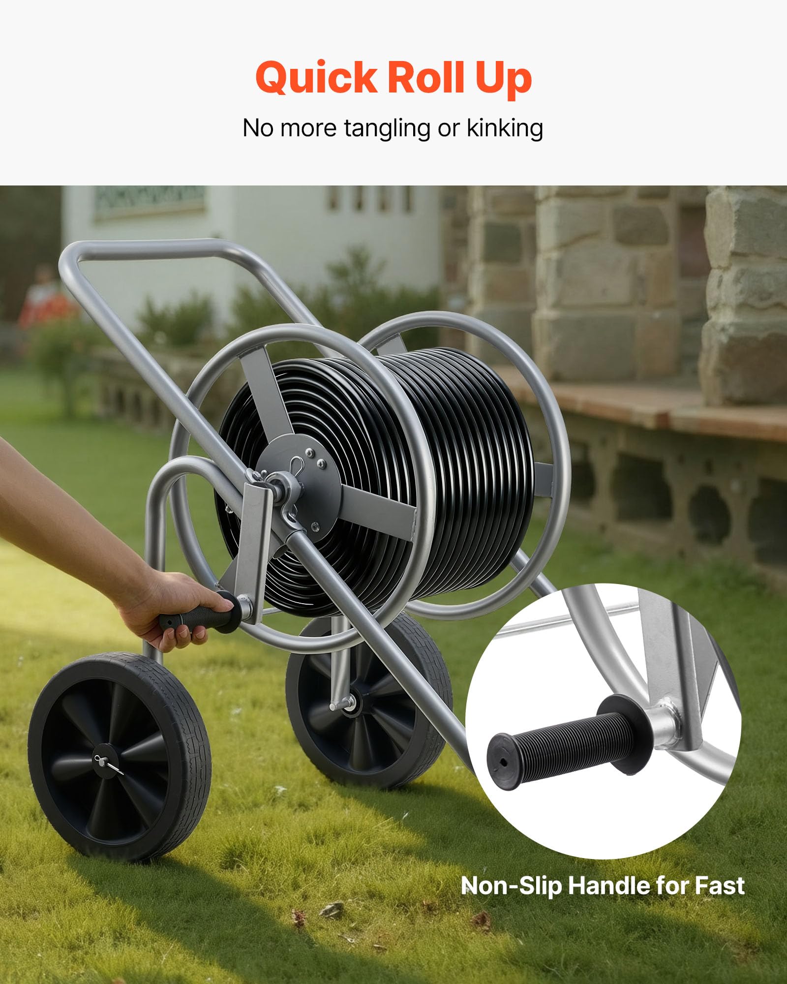 VEVOR hose reel cart shows brass quick-connect fittings for reliable connections.