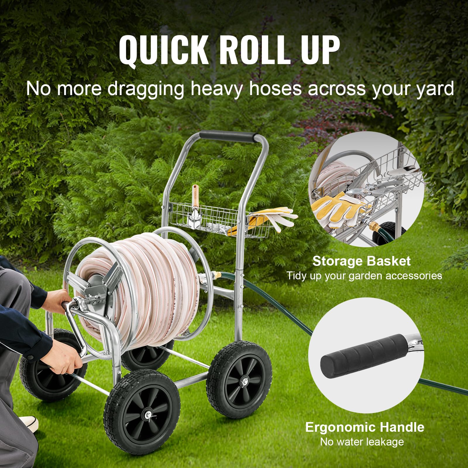 VEVOR hose reel cart with low center of gravity for stability.