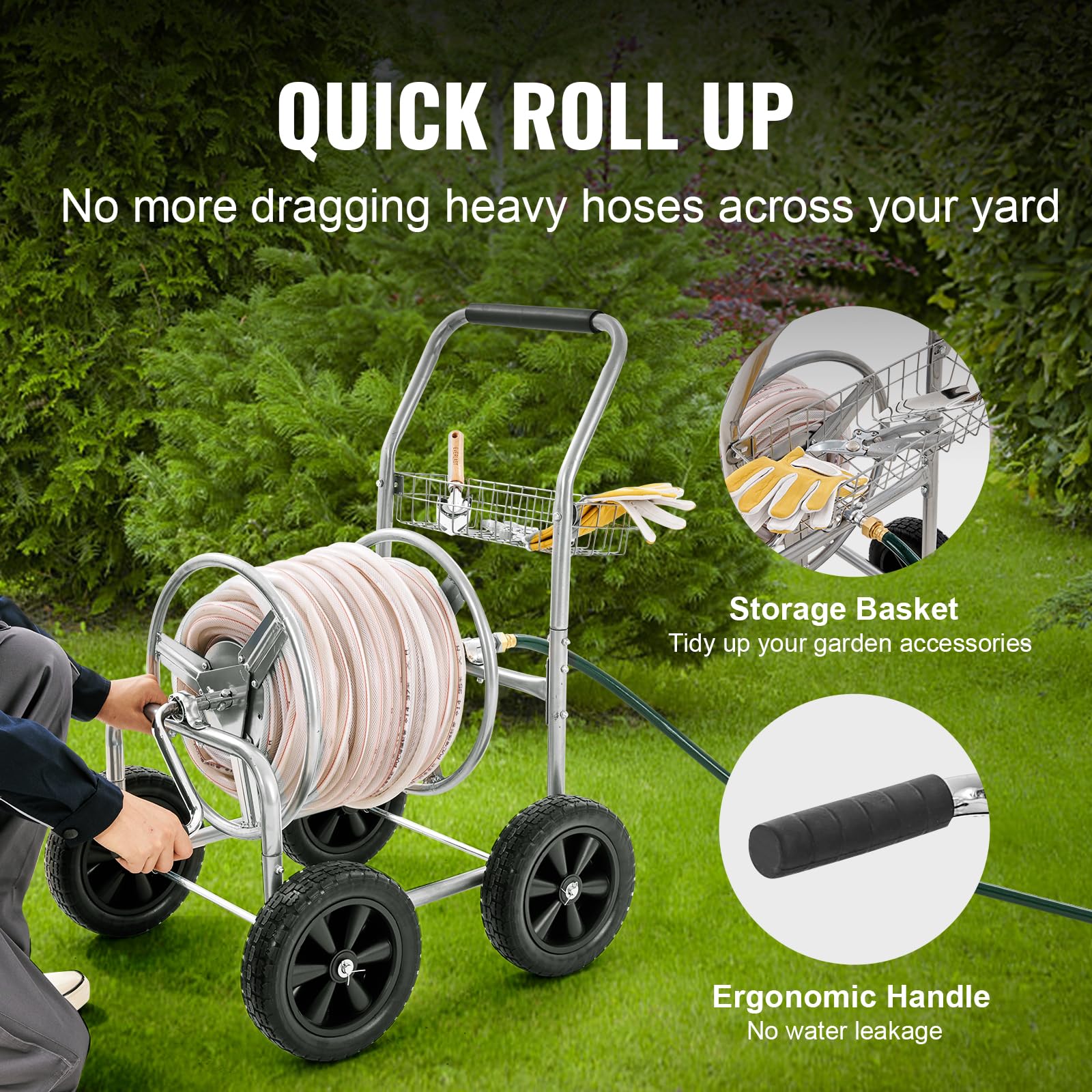 Four solid 10 inch PU wheels roll smoothly on uneven ground.