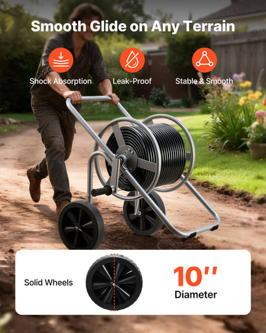 VEVOR hose reel cart with non-slip wheels for smooth movement.