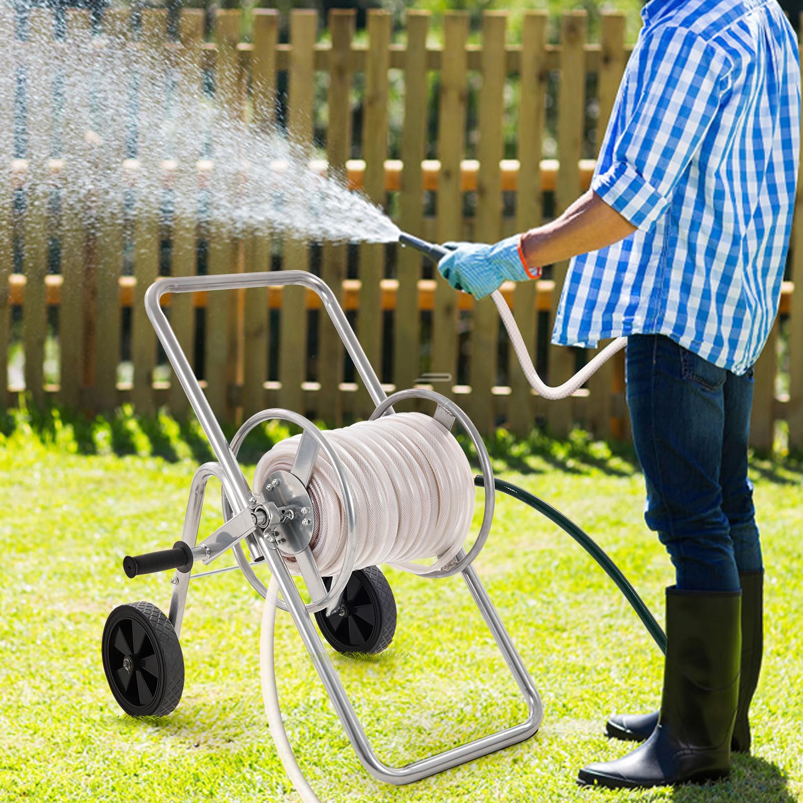 VEVOR hose reel cart outdoor use in garden setup for versatile watering and cleaning.