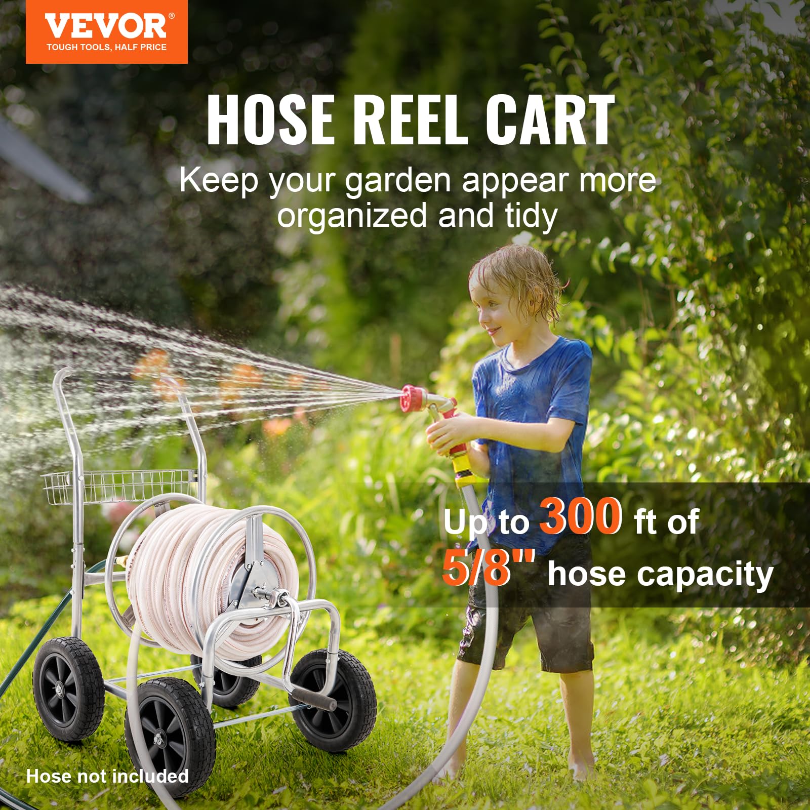 VEVOR hose reel cart steel construction resists rust for outdoor use.