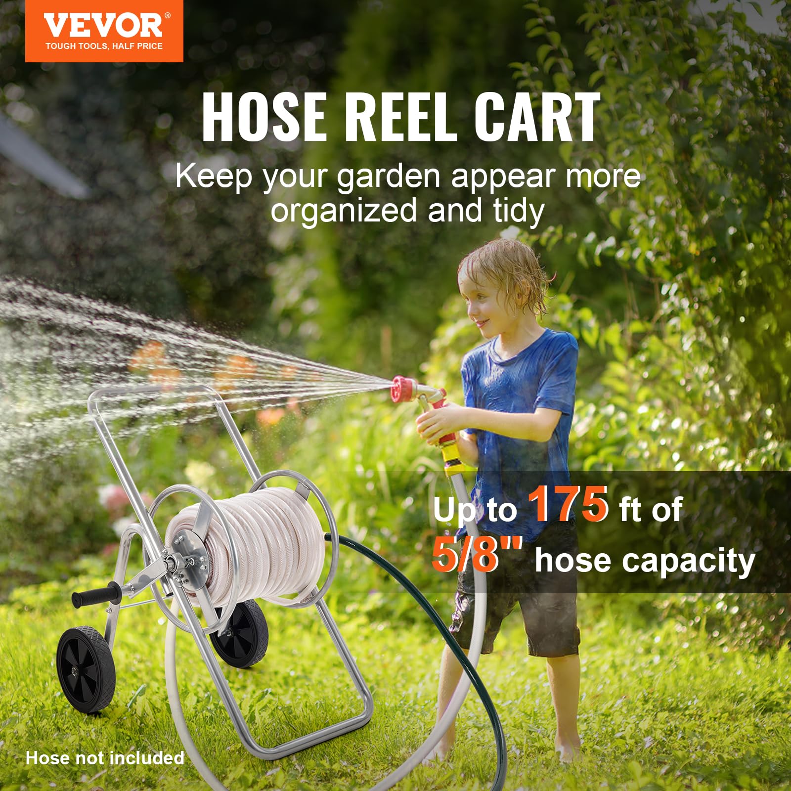 VEVOR hose reel cart steel structure emphasizes durable, weather-ready construction for outdoor use.