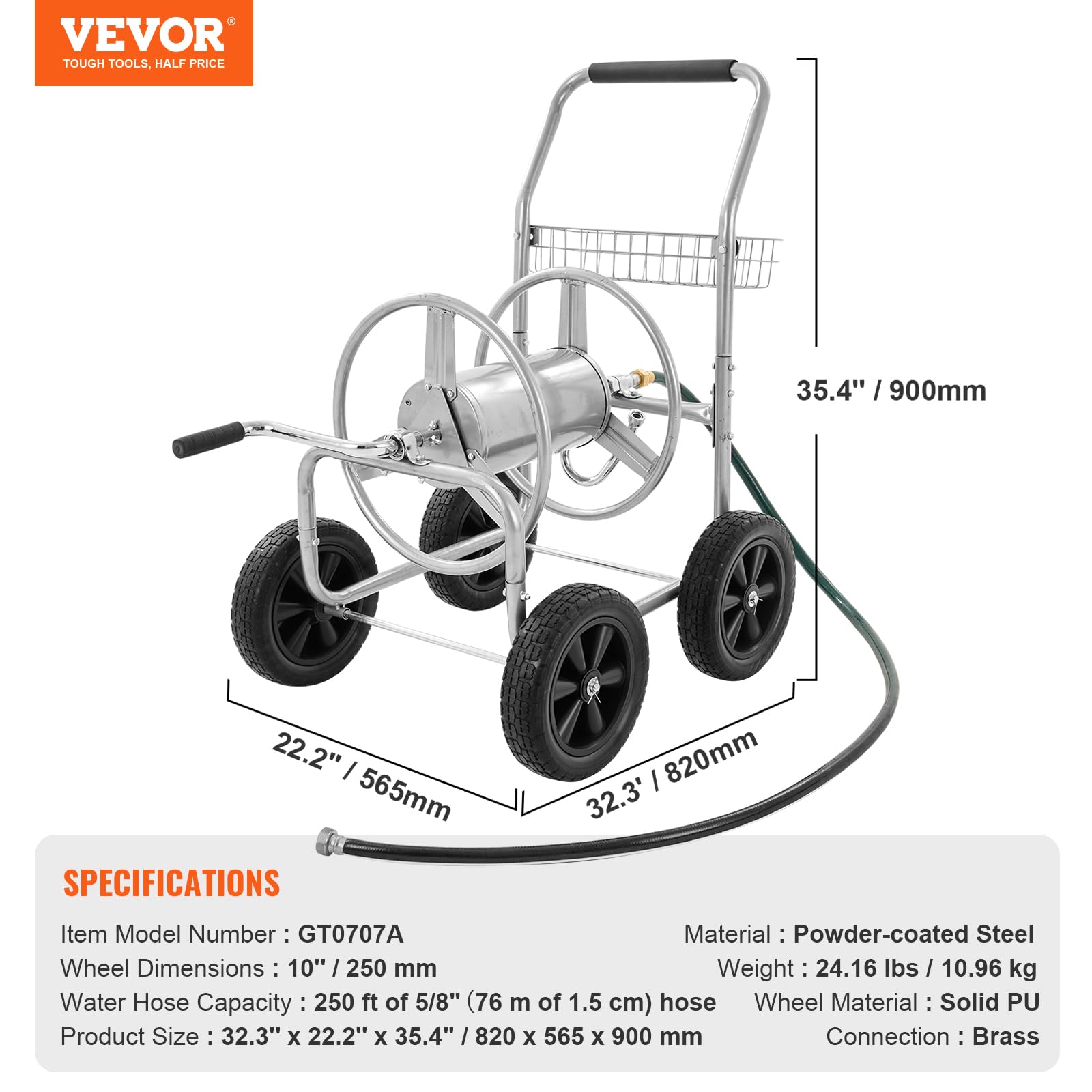 Capacity up to 250 ft of hose (hose not included) saves trips.