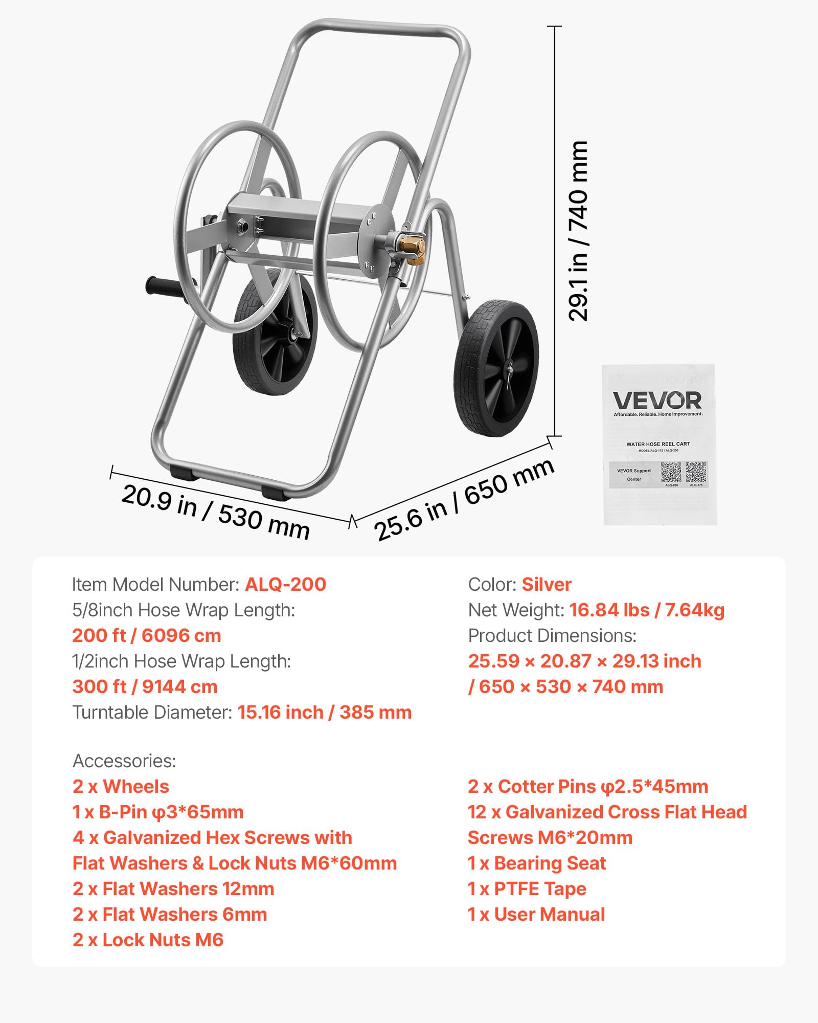 VEVOR hose reel cart includes heavy-duty mesh storage basket for tools.