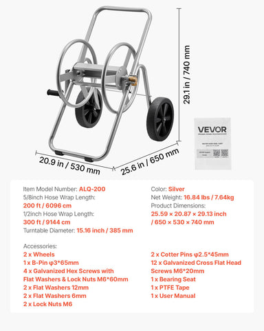 VEVOR hose reel cart includes heavy-duty mesh storage basket for tools.