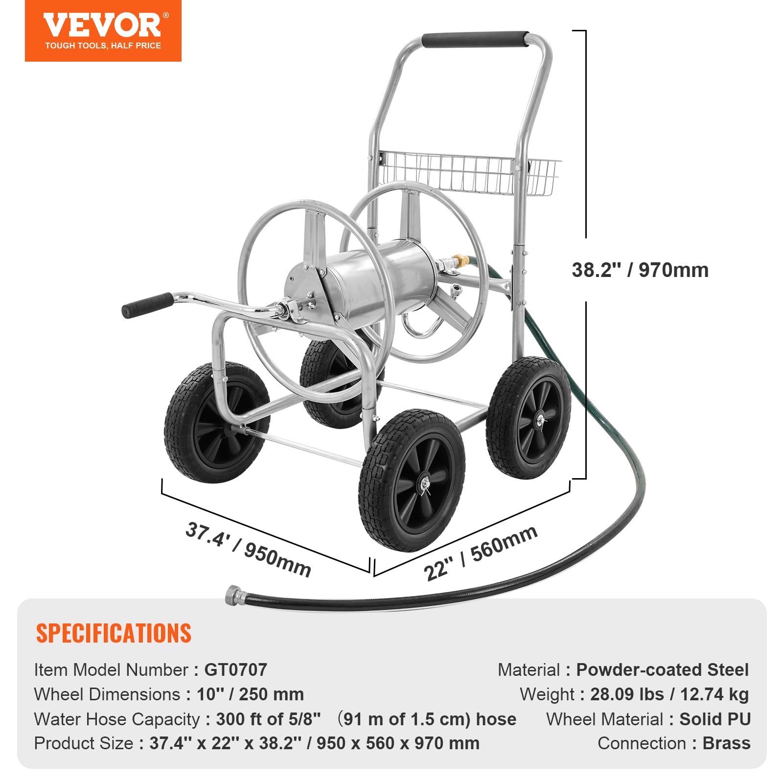 VEVOR hose reel cart weather-resistant coating withstands rain and sun.