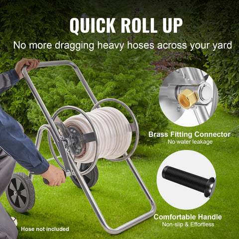 VEVOR hose reel cart wheels demonstrate smooth mobility across lawns and driveways.