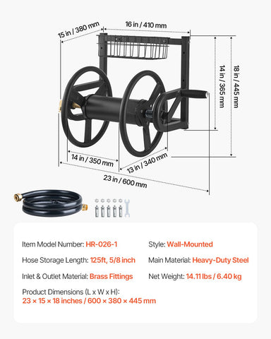 Storage basket keeps outdoor tools organized beside the hose reel