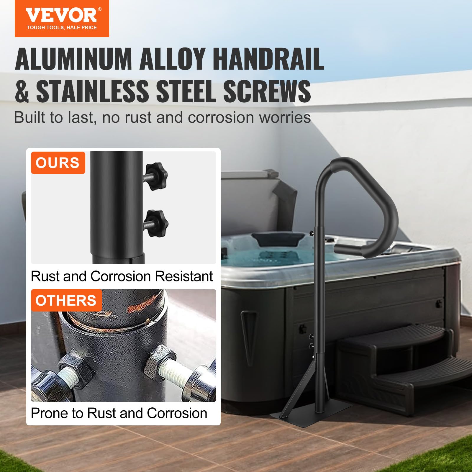 VEVOR handrail height adjustable from 48 to 63 inches for a personalized fit.
