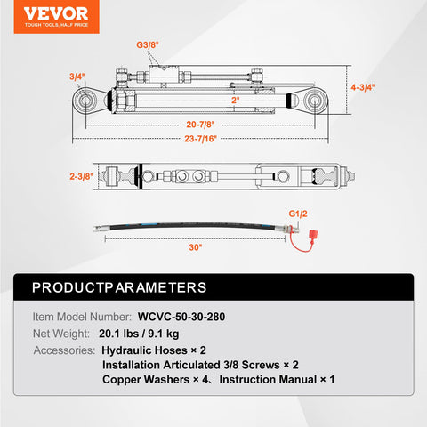 VEVOR hydraulic top link Cat.1-1 delivers 2.3 tons pull force for heavy-duty pulling
