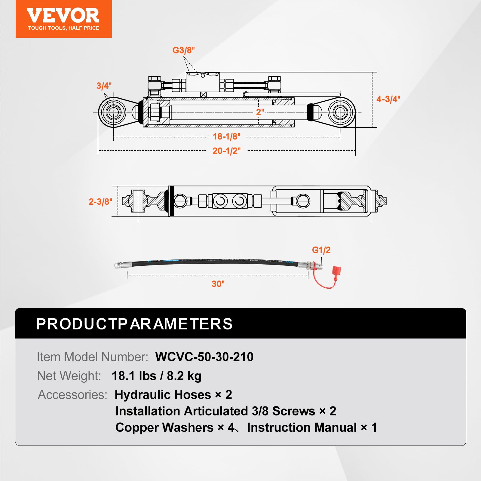 VEVOR top link dimensions showing stroke and port size details