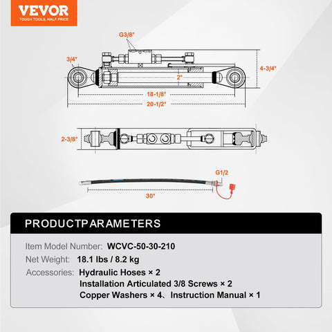 VEVOR top link dimensions showing stroke and port size details