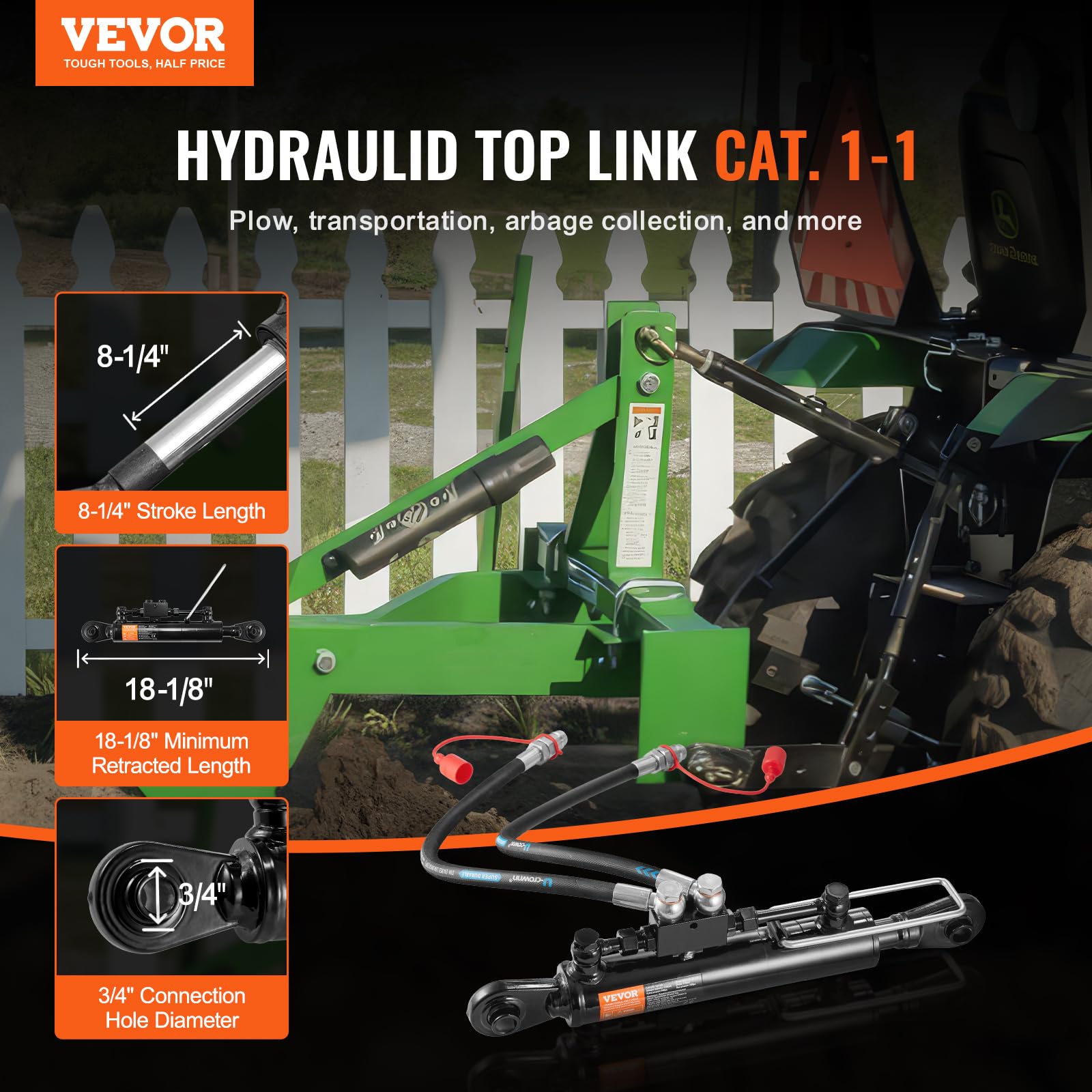 VEVOR hydraulic top link Cat 1-1 side view illustrating extended reach